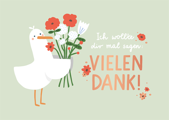 Grußkarte: Vielen Dank - Gans mit Blumenstrauß