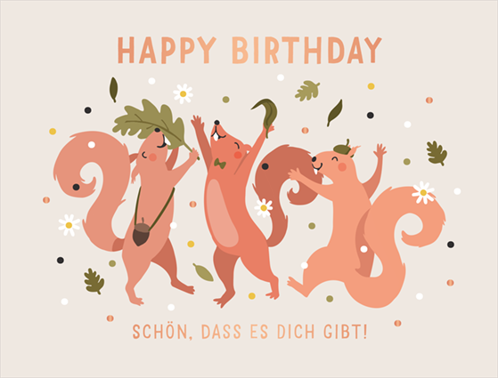 Geburtstagskarte: Happy Birthday - Eichhörnchen-Party