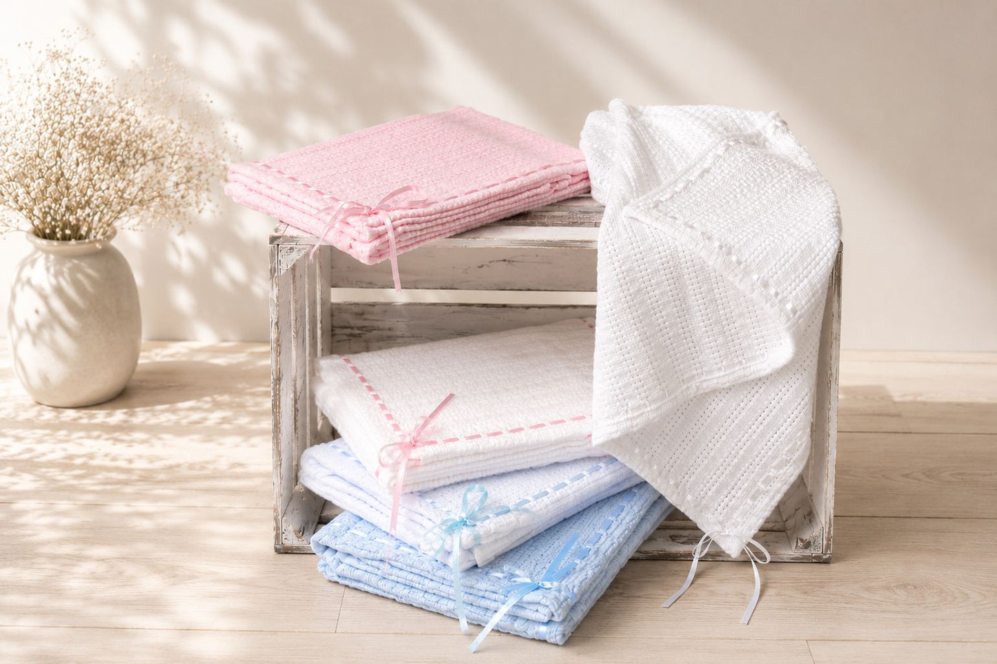 Tavolinchen Knitted Baby Blanket 75x100 cm – 100% Cotton with Fine Satin Ribbon