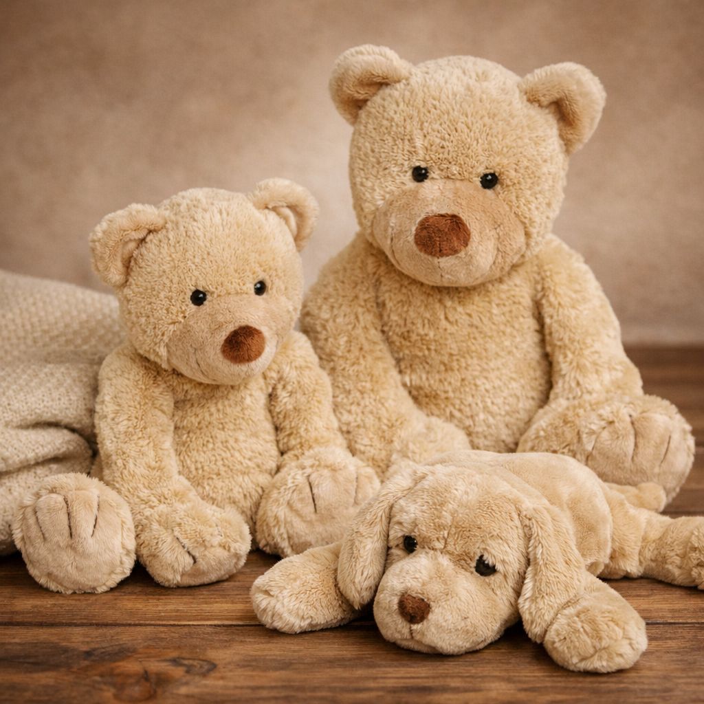 Kuscheltiere von Tavolinchen – Bär Boggy und Hund Herald in warmem Ambiente