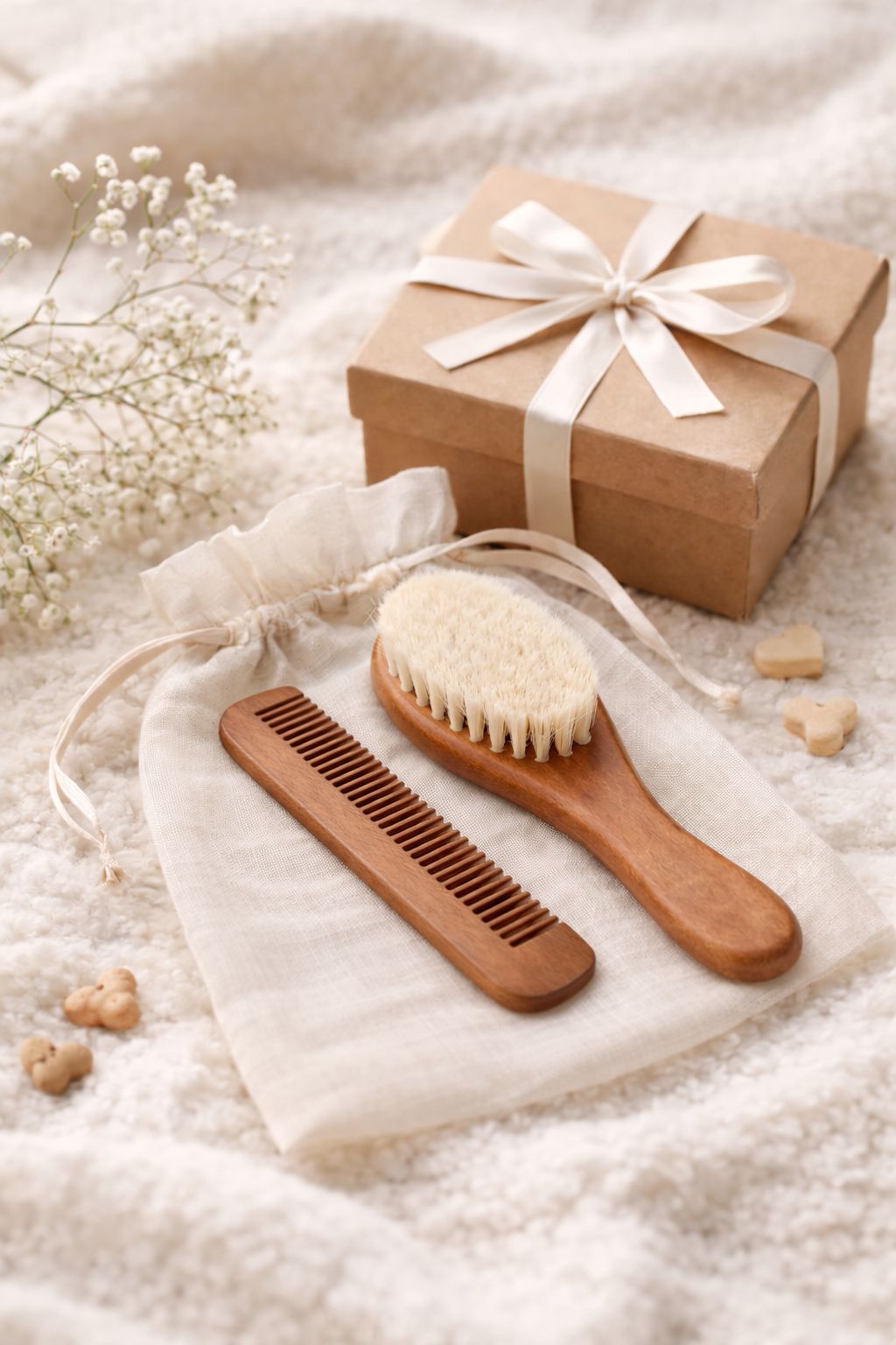 Baby Bürste und Kamm Set aus Naturholz mit weichen Borsten, dekorativ als Geschenkset mit Geschenkbox und Organzasäckchen arrangiert