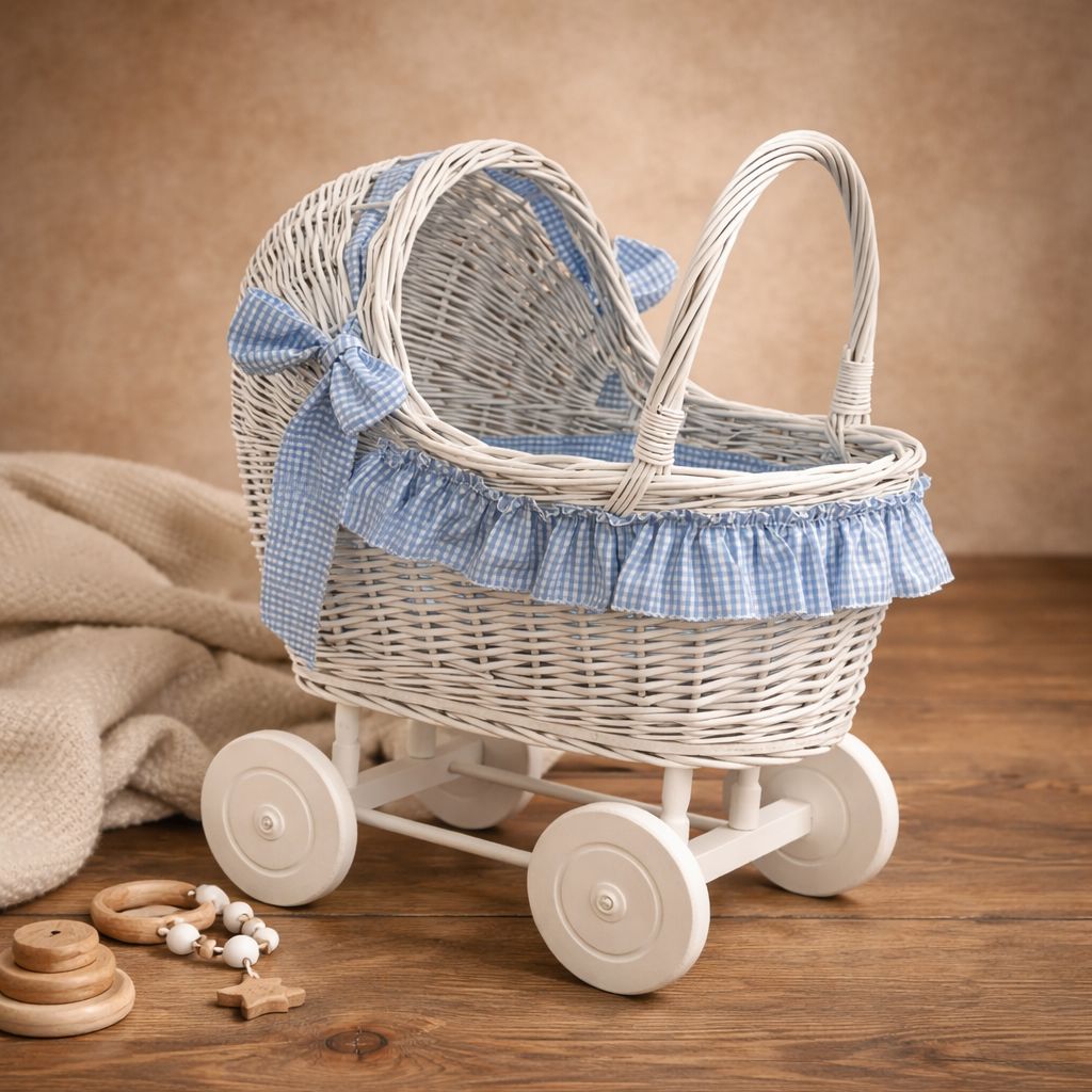 Tavolinchen Lauflern- und Puppenwagen aus weißem Korbgeflecht mit blau kariertem Stoff auf Holzboden