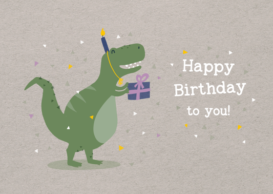Humorous birthday card: Congratulations with party dinosaur