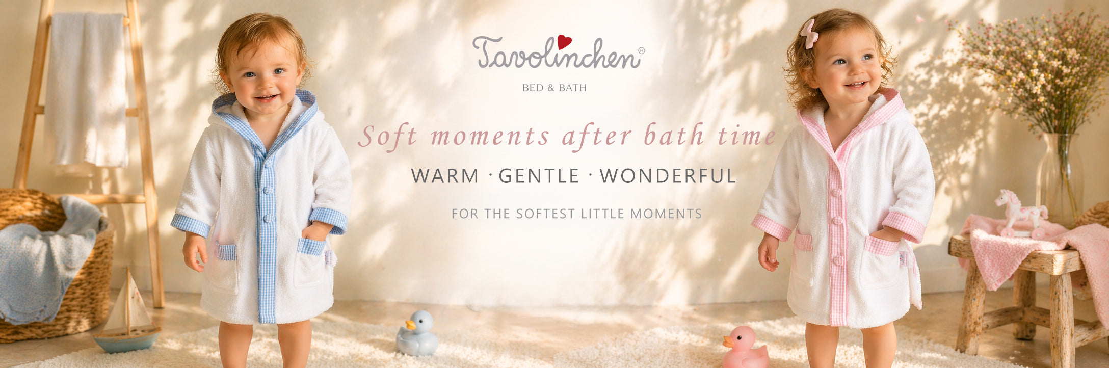 Tavolinchen baby bathrobes in soft terry cotton – rose and blue gingham, warm and gentle after bath moments