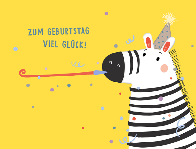 Feiere mit Lachen: Lustige Geburtstagskarte mit einem fröhlichen Zebra, das ein Partyhütchen trägt und mit der Luftschlange zur Party bläst