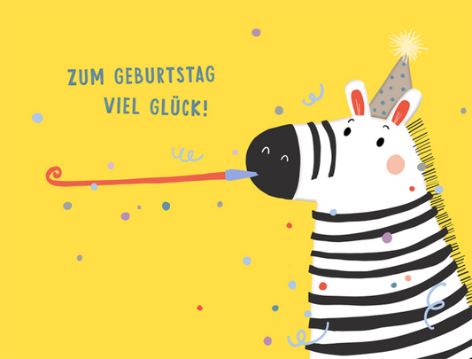 Celebrate with laughter: Funny birthday card with a happy zebra wearing a party hat and blowing the streamer to the party