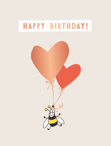 Geburtstagskarte: Happy Birthday - Biene mit Herz-Ballons