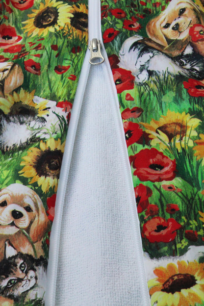 Tavolinchen terry sleeping bag "Herald with friend" – Soft baby sleeping bag with colorful dog motif for spring and summer