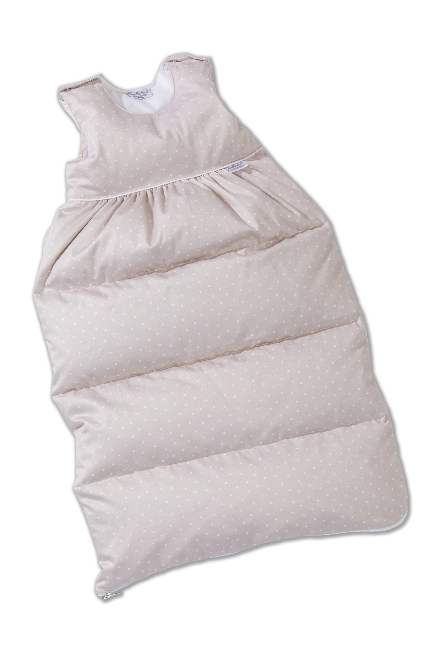 Down sleeping bag with a fine polka dot pattern made from luxurious Schlossberg fabric