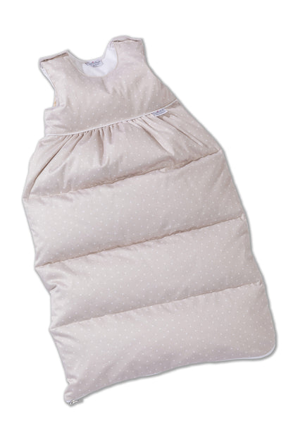 Down sleeping bag with a fine polka dot pattern made from luxurious Schlossberg fabric