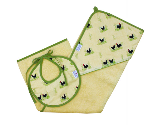 Tavolinchen 2-teiliges Geschenkset „Hahn & Henne“ – Baby Badetuch & Lätzchen