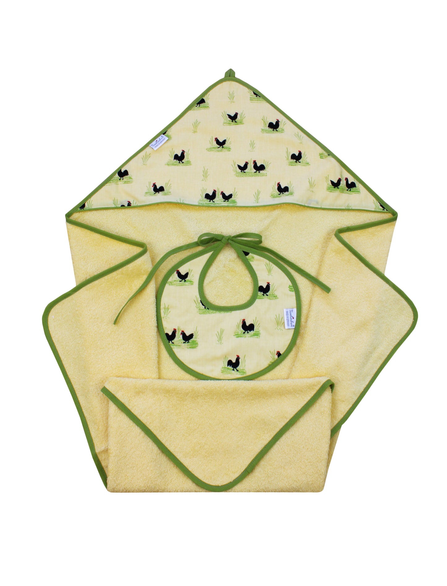Tavolinchen 2-teiliges Geschenkset „Hahn & Henne“ – Baby Badetuch & Lätzchen
