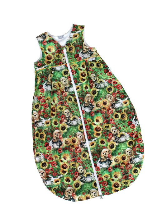 Tavolinchen terry sleeping bag "Herald with friend" – Soft baby sleeping bag with colorful dog motif for spring and summer